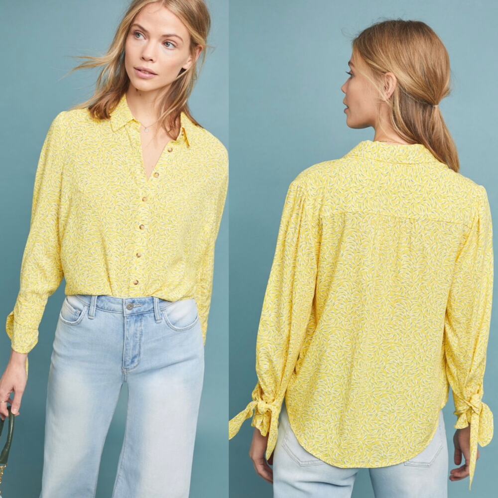 Anthropologie Maeve Blithe Button-Down Top size 4 Bow Detail Sleeve - Picture 2 of 11